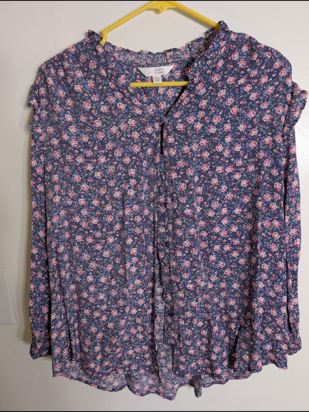 LC Lauren Conrad Navy Blue Floral Blouse with Pink Roses